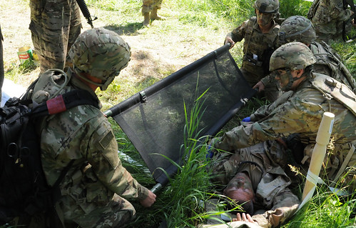 Medics and Soldiers of the 1st battalion, 623rd Field Artillery Regiment practice responding to emergencies in the field during Saber Strike 18 in June 2018.